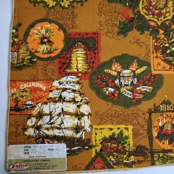 Vintage Colonial Americana Pub Signs Tall Ship Upholstery Fabric Amish Brown Red - Picture 2 of 2